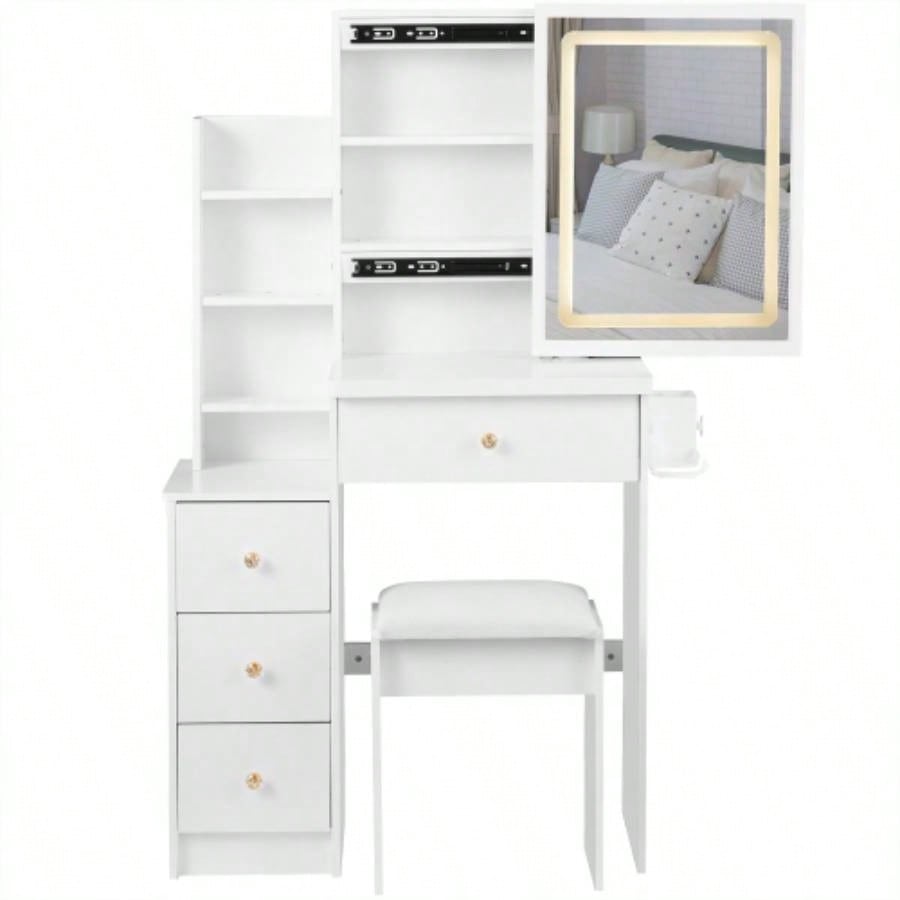 29.2 Small Size Left Bedside Cabinet Vanity Table+ Cushioned Stool, 2 AC+2 USB Power Station, Hair dryer bracket, Large Control Sliding LED Mirror, Tri - color Switching, Brightness Adjust
