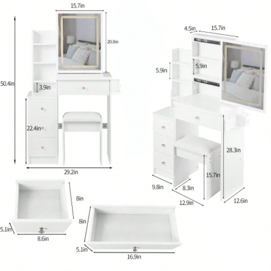 29.2 Small Size Left Bedside Cabinet Vanity Table+ Cushioned Stool, 2 AC+2 USB Power Station, Hair dryer bracket, Large Control Sliding LED Mirror, Tri - color Switching, Brightness Adjust