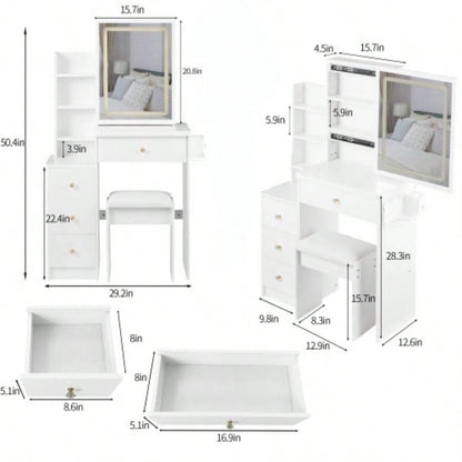 29.2 Small Size Left Bedside Cabinet Vanity Table+ Cushioned Stool, 2 AC+2 USB Power Station, Hair dryer bracket, Large Control Sliding LED Mirror, Tri - color Switching, Brightness Adjust