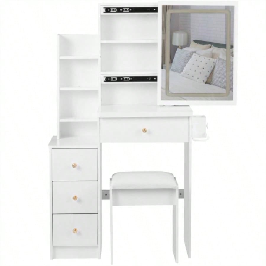 29.2 Small Size Left Bedside Cabinet Vanity Table+ Cushioned Stool, 2 AC+2 USB Power Station, Hair dryer bracket, Large Control Sliding LED Mirror, Tri - color Switching, Brightness Adjust