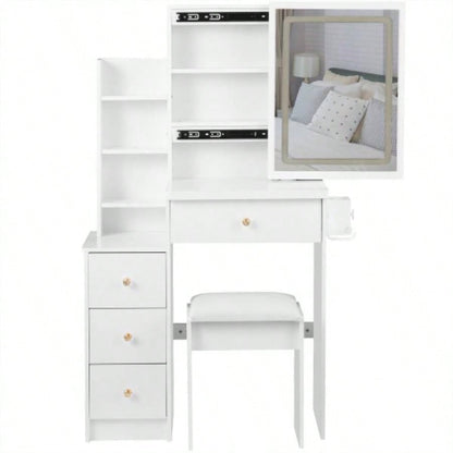 29.2 Small Size Left Bedside Cabinet Vanity Table+ Cushioned Stool, 2 AC+2 USB Power Station, Hair dryer bracket, Large Control Sliding LED Mirror, Tri - color Switching, Brightness Adjust