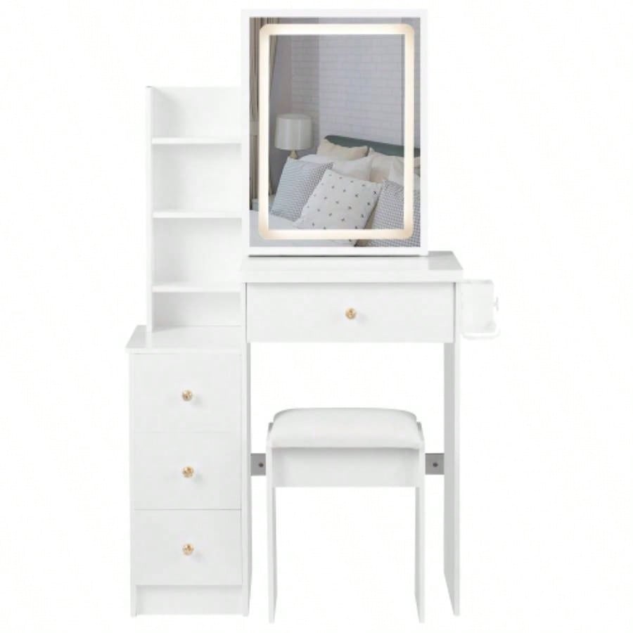 29.2 Small Size Left Bedside Cabinet Vanity Table+ Cushioned Stool, 2 AC+2 USB Power Station, Hair dryer bracket, Large Control Sliding LED Mirror, Tri - color Switching, Brightness Adjust