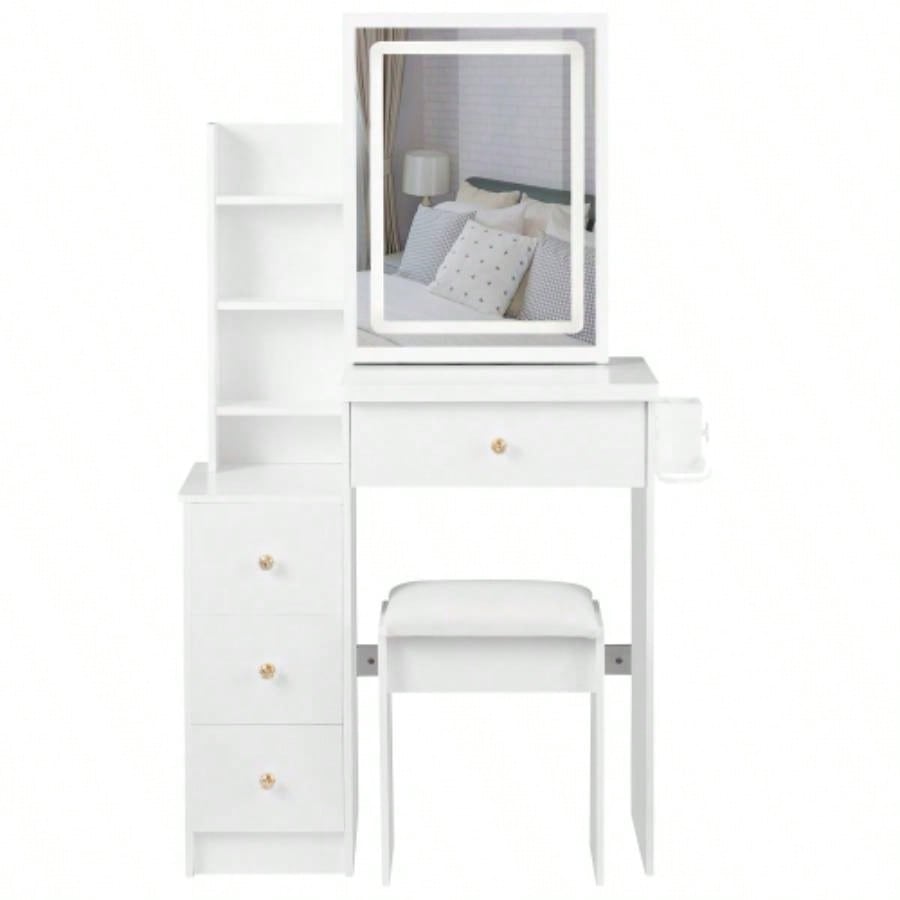 29.2 Small Size Left Bedside Cabinet Vanity Table+ Cushioned Stool, 2 AC+2 USB Power Station, Hair dryer bracket, Large Control Sliding LED Mirror, Tri - color Switching, Brightness Adjust