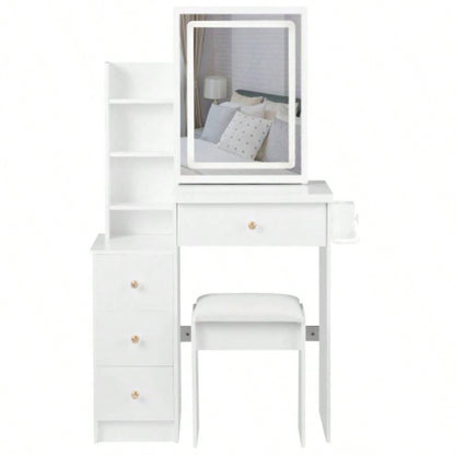 29.2 Small Size Left Bedside Cabinet Vanity Table+ Cushioned Stool, 2 AC+2 USB Power Station, Hair dryer bracket, Large Control Sliding LED Mirror, Tri - color Switching, Brightness Adjust