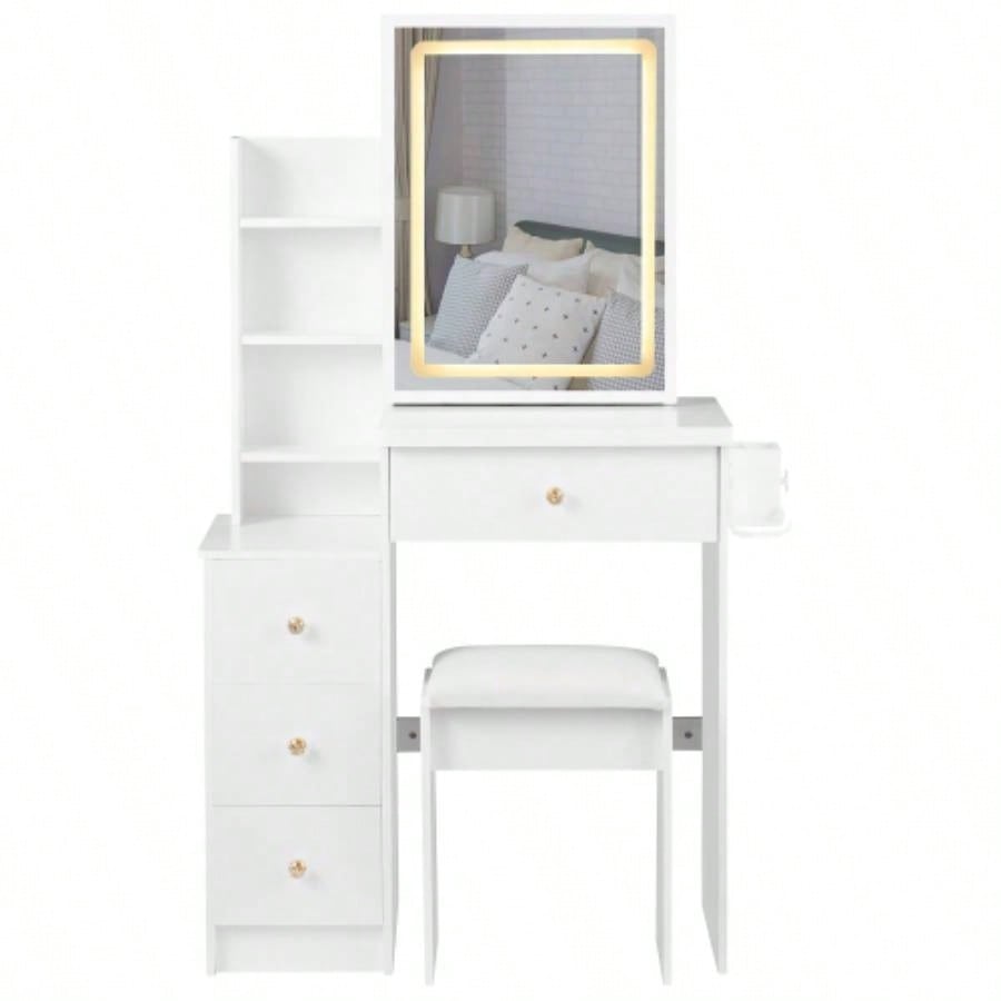 29.2 Small Size Left Bedside Cabinet Vanity Table+ Cushioned Stool, 2 AC+2 USB Power Station, Hair dryer bracket, Large Control Sliding LED Mirror, Tri - color Switching, Brightness Adjust