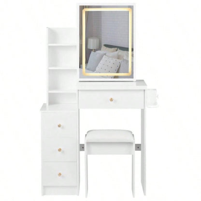 29.2 Small Size Left Bedside Cabinet Vanity Table+ Cushioned Stool, 2 AC+2 USB Power Station, Hair dryer bracket, Large Control Sliding LED Mirror, Tri - color Switching, Brightness Adjust