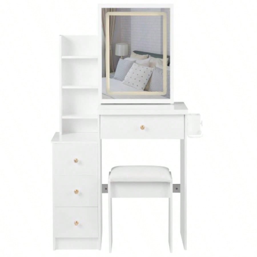 29.2 Small Size Left Bedside Cabinet Vanity Table+ Cushioned Stool, 2 AC+2 USB Power Station, Hair dryer bracket, Large Control Sliding LED Mirror, Tri - color Switching, Brightness Adjust