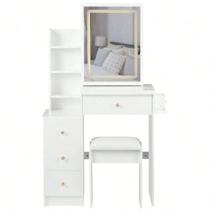 29.2 Small Size Left Bedside Cabinet Vanity Table+ Cushioned Stool, 2 AC+2 USB Power Station, Hair dryer bracket, Large Control Sliding LED Mirror, Tri - color Switching, Brightness Adjust