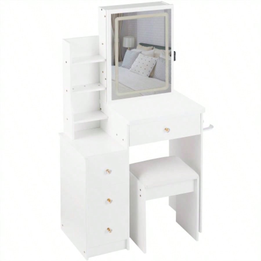 29.2 Small Size Left Bedside Cabinet Vanity Table+ Cushioned Stool, 2 AC+2 USB Power Station, Hair dryer bracket, Large Control Sliding LED Mirror, Tri - color Switching, Brightness Adjust