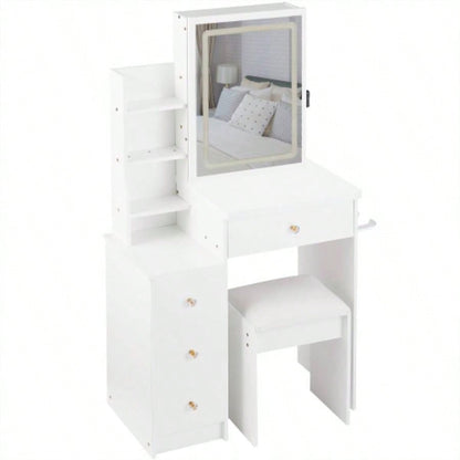 29.2 Small Size Left Bedside Cabinet Vanity Table+ Cushioned Stool, 2 AC+2 USB Power Station, Hair dryer bracket, Large Control Sliding LED Mirror, Tri - color Switching, Brightness Adjust
