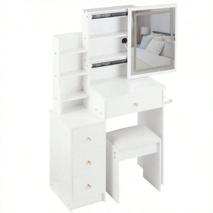 29.2 Small Size Left Bedside Cabinet Vanity Table+ Cushioned Stool, 2 AC+2 USB Power Station, Hair dryer bracket, Large Control Sliding LED Mirror, Tri - color Switching, Brightness Adjust