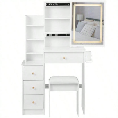 29.2 Small Size Left Bedside Cabinet Vanity Table+ Cushioned Stool, 2 AC+2 USB Power Station, Hair dryer bracket, Large Control Sliding LED Mirror, Tri - color Switching, Brightness Adjust