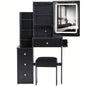 29.2 Small Size Left Bedside Cabinet Vanity Table+ Cushioned Stool, 2 AC+2 USB Power Station, Hair dryer bracket, Large Control Sliding LED Mirror, Tri - color Switching, Brightness Adjust