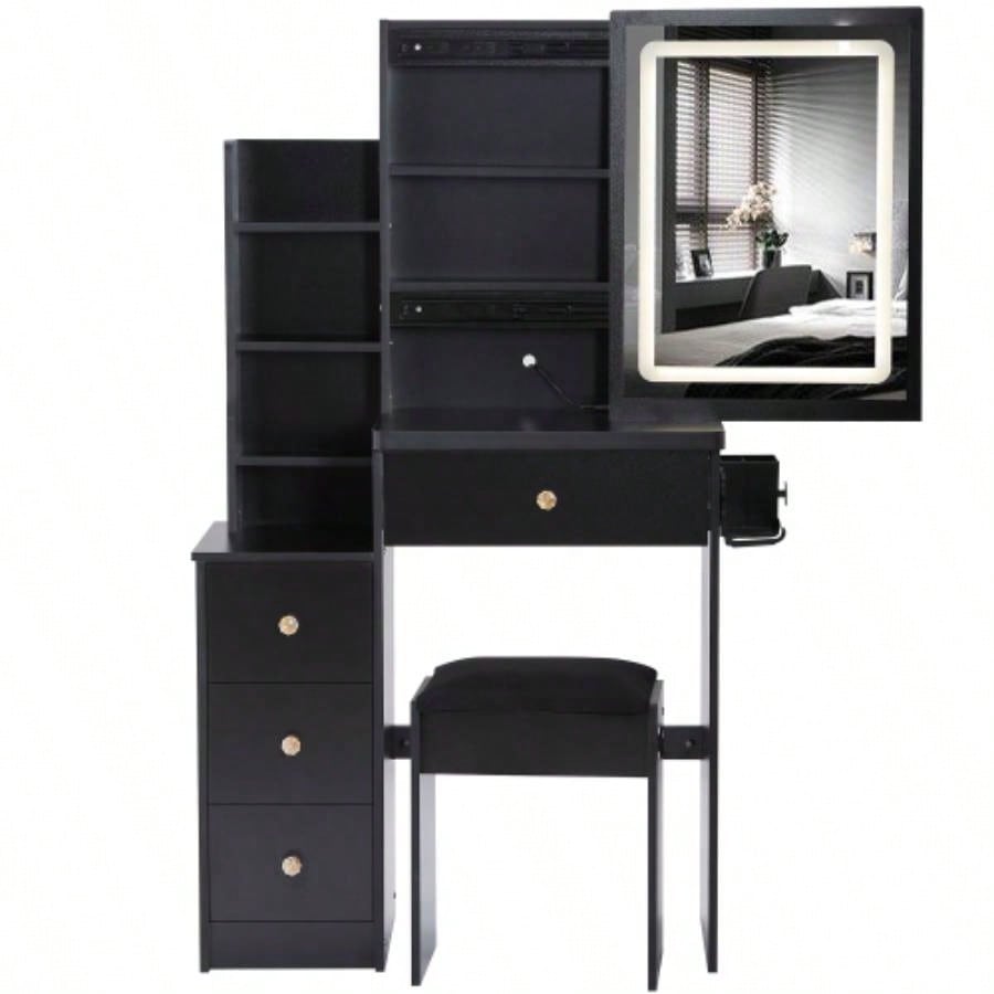 29.2 Small Size Left Bedside Cabinet Vanity Table+ Cushioned Stool, 2 AC+2 USB Power Station, Hair dryer bracket, Large Control Sliding LED Mirror, Tri - color Switching, Brightness Adjust