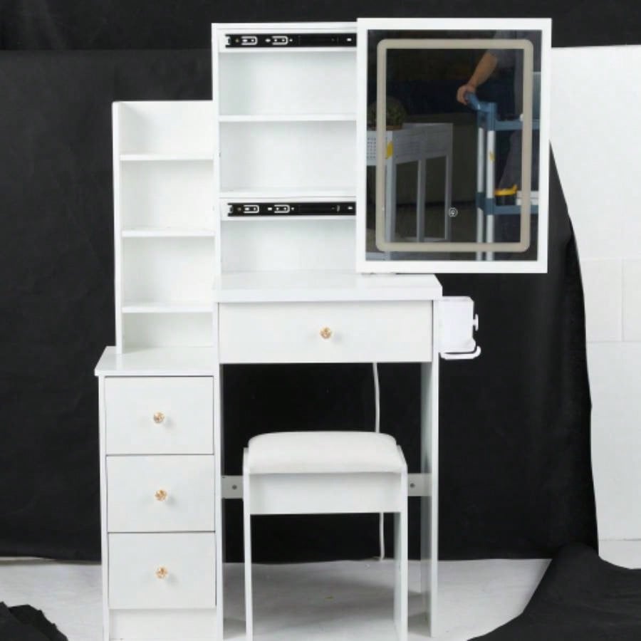 29.2 Small Size Left Bedside Cabinet Vanity Table+ Cushioned Stool, 2 AC+2 USB Power Station, Hair dryer bracket, Large Control Sliding LED Mirror, Tri - color Switching, Brightness Adjust