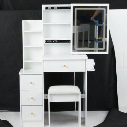 29.2 Small Size Left Bedside Cabinet Vanity Table+ Cushioned Stool, 2 AC+2 USB Power Station, Hair dryer bracket, Large Control Sliding LED Mirror, Tri - color Switching, Brightness Adjust