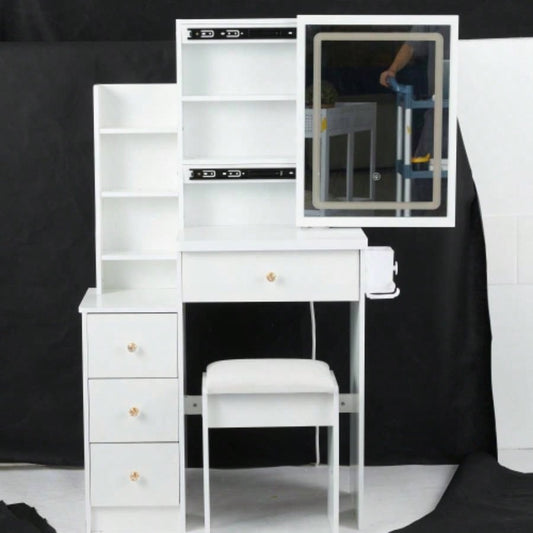 29.2 Small Size Left Bedside Cabinet Vanity Table+ Cushioned Stool, 2 AC+2 USB Power Station, Hair dryer bracket, Large Control Sliding LED Mirror, Tri - color Switching, Brightness Adjust