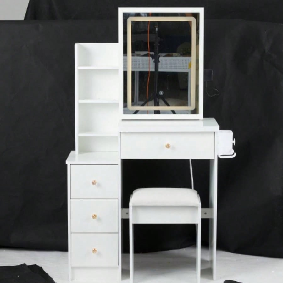 29.2 Small Size Left Bedside Cabinet Vanity Table+ Cushioned Stool, 2 AC+2 USB Power Station, Hair dryer bracket, Large Control Sliding LED Mirror, Tri - color Switching, Brightness Adjust