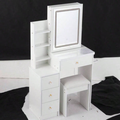 29.2 Small Size Left Bedside Cabinet Vanity Table+ Cushioned Stool, 2 AC+2 USB Power Station, Hair dryer bracket, Large Control Sliding LED Mirror, Tri - color Switching, Brightness Adjust