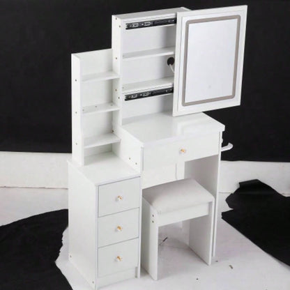 29.2 Small Size Left Bedside Cabinet Vanity Table+ Cushioned Stool, 2 AC+2 USB Power Station, Hair dryer bracket, Large Control Sliding LED Mirror, Tri - color Switching, Brightness Adjust