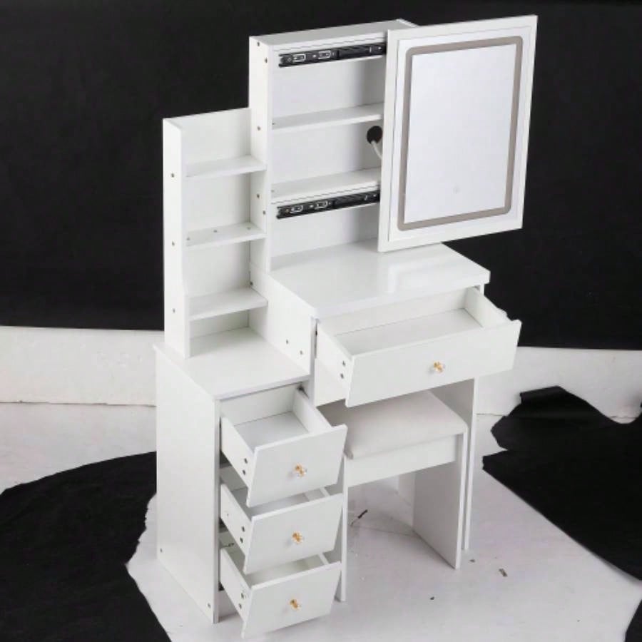29.2 Small Size Left Bedside Cabinet Vanity Table+ Cushioned Stool, 2 AC+2 USB Power Station, Hair dryer bracket, Large Control Sliding LED Mirror, Tri - color Switching, Brightness Adjust