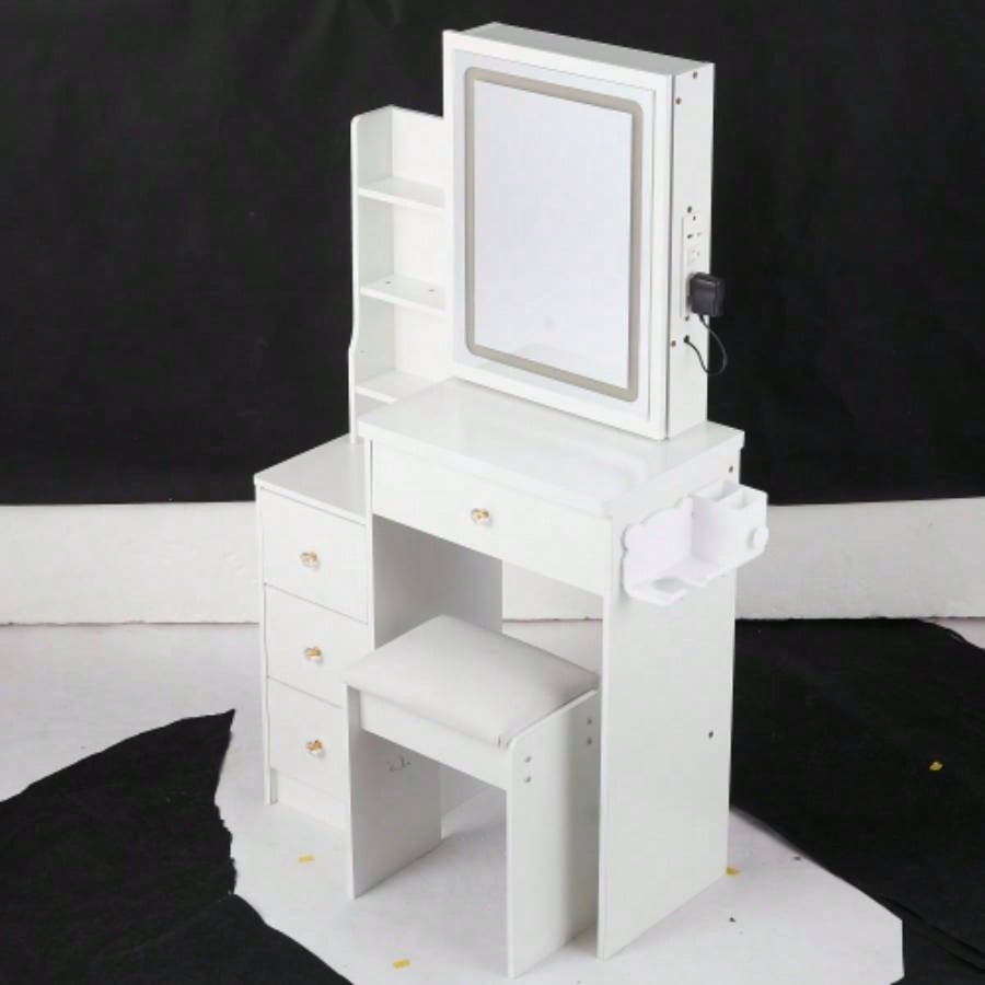 29.2 Small Size Left Bedside Cabinet Vanity Table+ Cushioned Stool, 2 AC+2 USB Power Station, Hair dryer bracket, Large Control Sliding LED Mirror, Tri - color Switching, Brightness Adjust