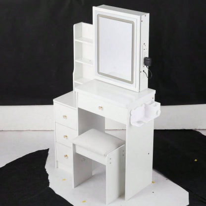 29.2 Small Size Left Bedside Cabinet Vanity Table+ Cushioned Stool, 2 AC+2 USB Power Station, Hair dryer bracket, Large Control Sliding LED Mirror, Tri - color Switching, Brightness Adjust