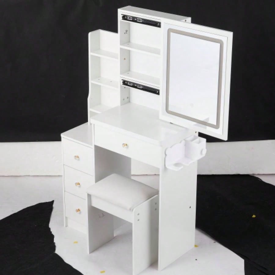 29.2 Small Size Left Bedside Cabinet Vanity Table+ Cushioned Stool, 2 AC+2 USB Power Station, Hair dryer bracket, Large Control Sliding LED Mirror, Tri - color Switching, Brightness Adjust