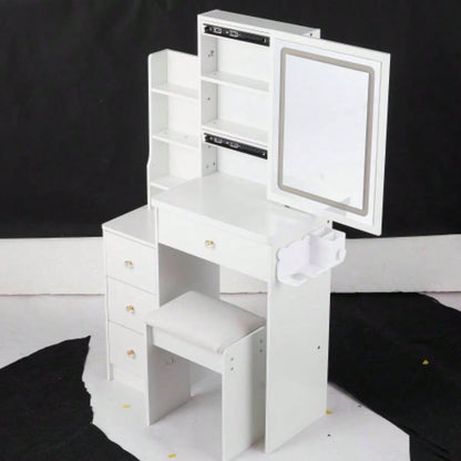 29.2 Small Size Left Bedside Cabinet Vanity Table+ Cushioned Stool, 2 AC+2 USB Power Station, Hair dryer bracket, Large Control Sliding LED Mirror, Tri - color Switching, Brightness Adjust