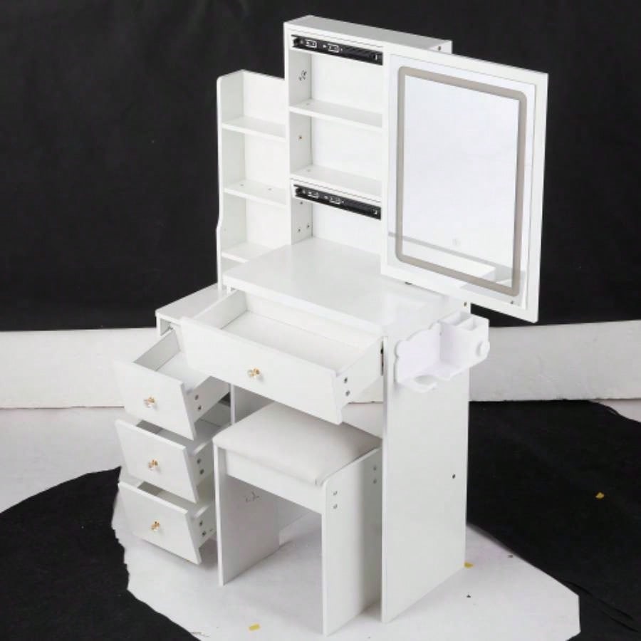 29.2 Small Size Left Bedside Cabinet Vanity Table+ Cushioned Stool, 2 AC+2 USB Power Station, Hair dryer bracket, Large Control Sliding LED Mirror, Tri - color Switching, Brightness Adjust