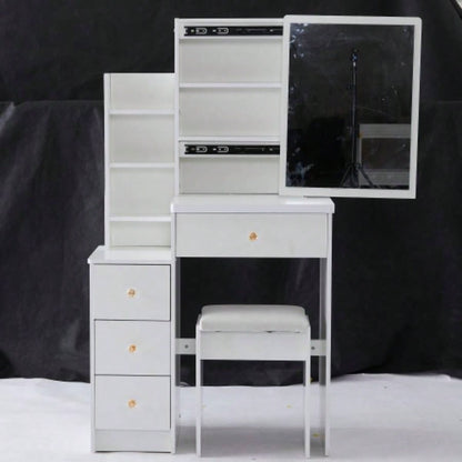 29.2 Small Size Left Bedside Cabinet Vanity Table+ Cushioned Stool, 2 AC+2 USB Power Station, Hair dryer bracket, Large Control Sliding LED Mirror, Tri - color Switching, Brightness Adjust