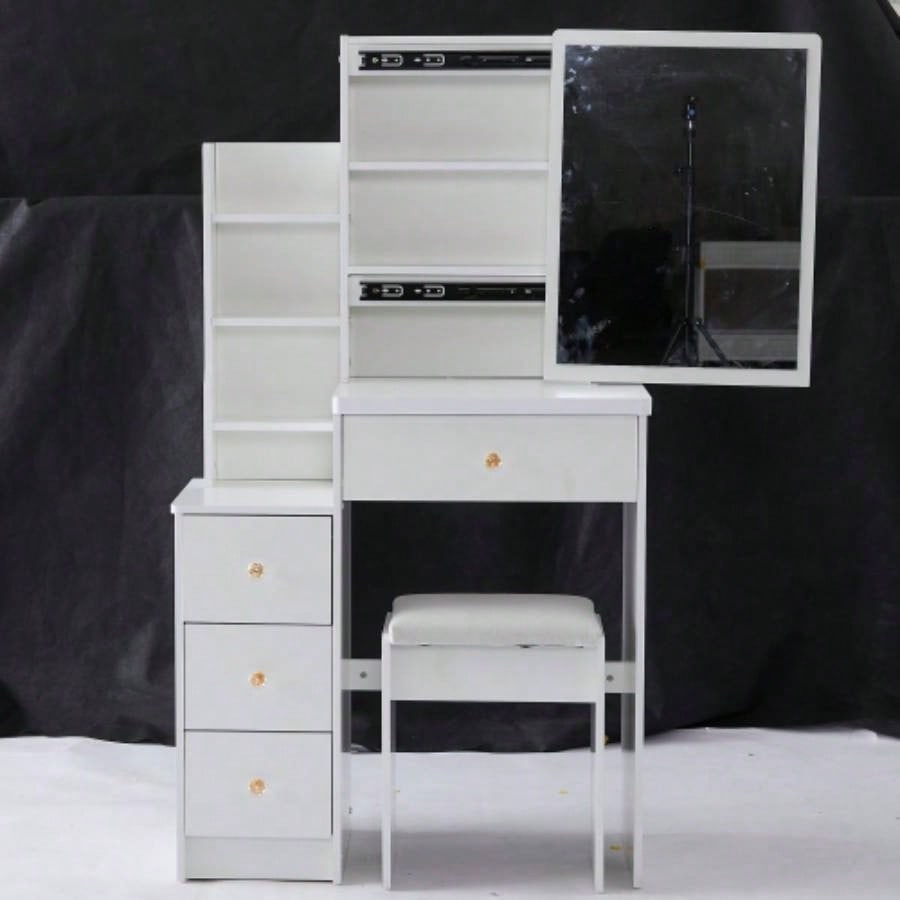 29.2 Small Size Left Bedside Cabinet Vanity Table+ Cushioned Stool, 2 AC+2 USB Power Station, Hair dryer bracket, Large Control Sliding LED Mirror, Tri - color Switching, Brightness Adjust