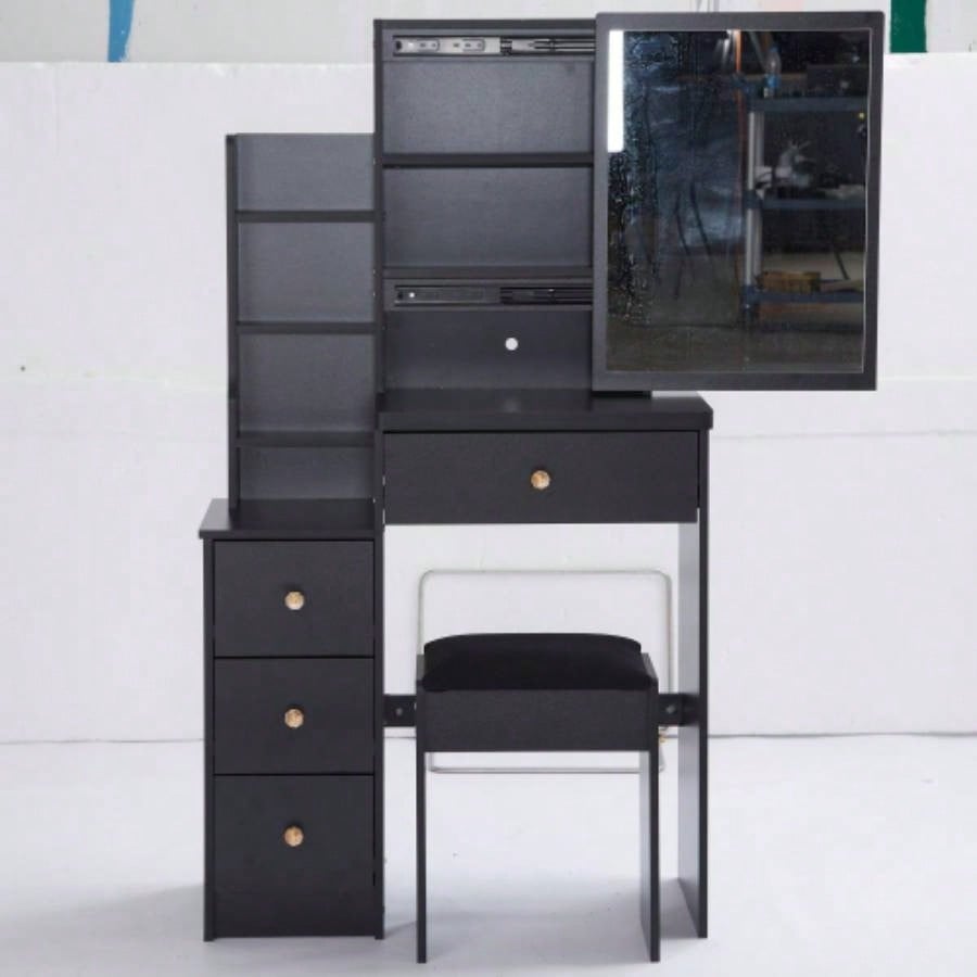 29.2 Small Size Left Bedside Cabinet Vanity Table+ Cushioned Stool, 2 AC+2 USB Power Station, Hair dryer bracket, Large Control Sliding LED Mirror, Tri - color Switching, Brightness Adjust