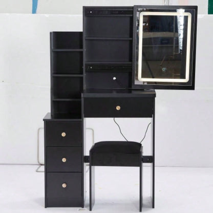 29.2 Small Size Left Bedside Cabinet Vanity Table+ Cushioned Stool, 2 AC+2 USB Power Station, Hair dryer bracket, Large Control Sliding LED Mirror, Tri - color Switching, Brightness Adjust
