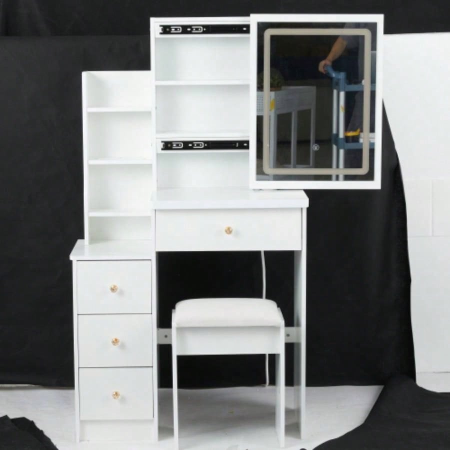 29.2 Small Size Left Bedside Cabinet Vanity Table+ Cushioned Stool, 2 AC+2 USB Power Station, Hair dryer bracket, Large Control Sliding LED Mirror, Tri - color Switching, Brightness Adjust