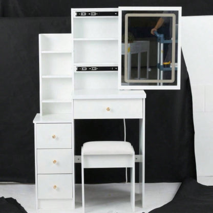29.2 Small Size Left Bedside Cabinet Vanity Table+ Cushioned Stool, 2 AC+2 USB Power Station, Hair dryer bracket, Large Control Sliding LED Mirror, Tri - color Switching, Brightness Adjust