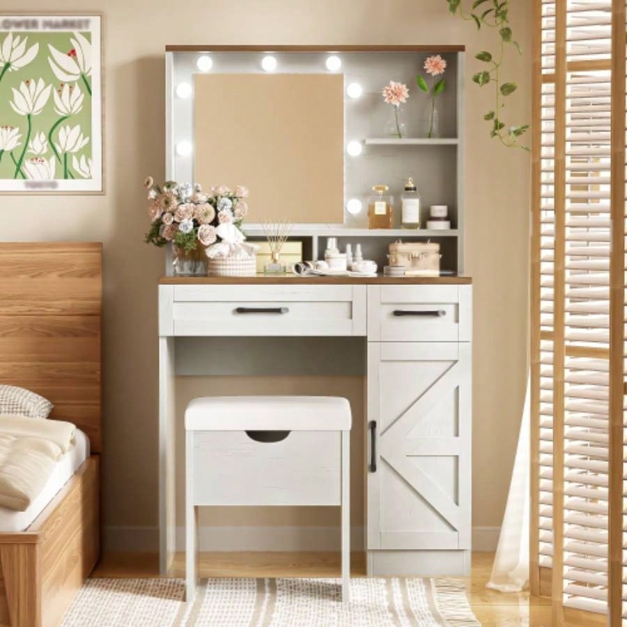 Farmhouse Makeup Vanity Desk with Mirror and Lights, 3 Lighting Modes, Vanity Set with Stool, Dressing Table with Adjustable Shelves, 2 Drawers and Side Cabinet Bedroom, White