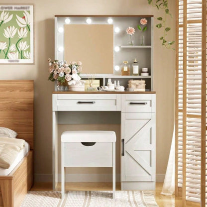 Farmhouse Makeup Vanity Desk with Mirror and Lights, 3 Lighting Modes, Vanity Set with Stool, Dressing Table with Adjustable Shelves, 2 Drawers and Side Cabinet Bedroom, White