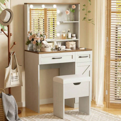 Farmhouse Makeup Vanity Desk with Mirror and Lights, 3 Lighting Modes, Vanity Set with Stool, Dressing Table with Adjustable Shelves, 2 Drawers and Side Cabinet Bedroom, White