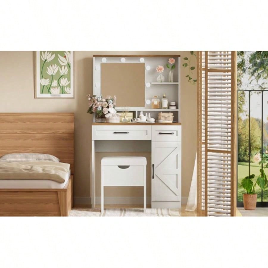 Farmhouse Makeup Vanity Desk with Mirror and Lights, 3 Lighting Modes, Vanity Set with Stool, Dressing Table with Adjustable Shelves, 2 Drawers and Side Cabinet Bedroom, White