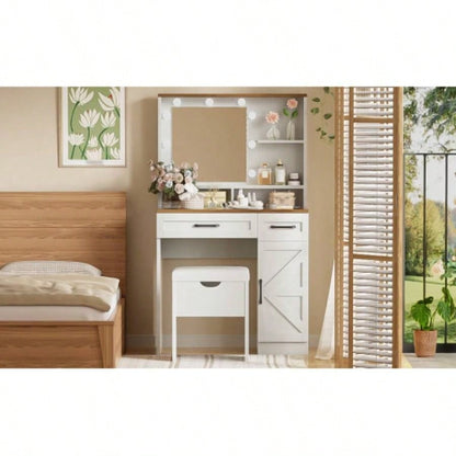 Farmhouse Makeup Vanity Desk with Mirror and Lights, 3 Lighting Modes, Vanity Set with Stool, Dressing Table with Adjustable Shelves, 2 Drawers and Side Cabinet Bedroom, White