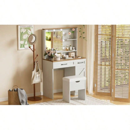 Farmhouse Makeup Vanity Desk with Mirror and Lights, 3 Lighting Modes, Vanity Set with Stool, Dressing Table with Adjustable Shelves, 2 Drawers and Side Cabinet Bedroom, White