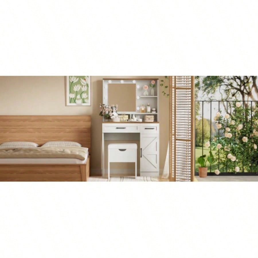 Farmhouse Makeup Vanity Desk with Mirror and Lights, 3 Lighting Modes, Vanity Set with Stool, Dressing Table with Adjustable Shelves, 2 Drawers and Side Cabinet Bedroom, White