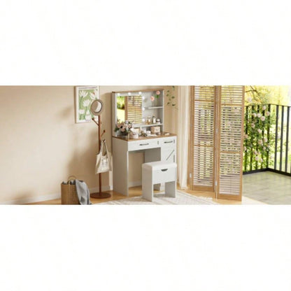 Farmhouse Makeup Vanity Desk with Mirror and Lights, 3 Lighting Modes, Vanity Set with Stool, Dressing Table with Adjustable Shelves, 2 Drawers and Side Cabinet Bedroom, White