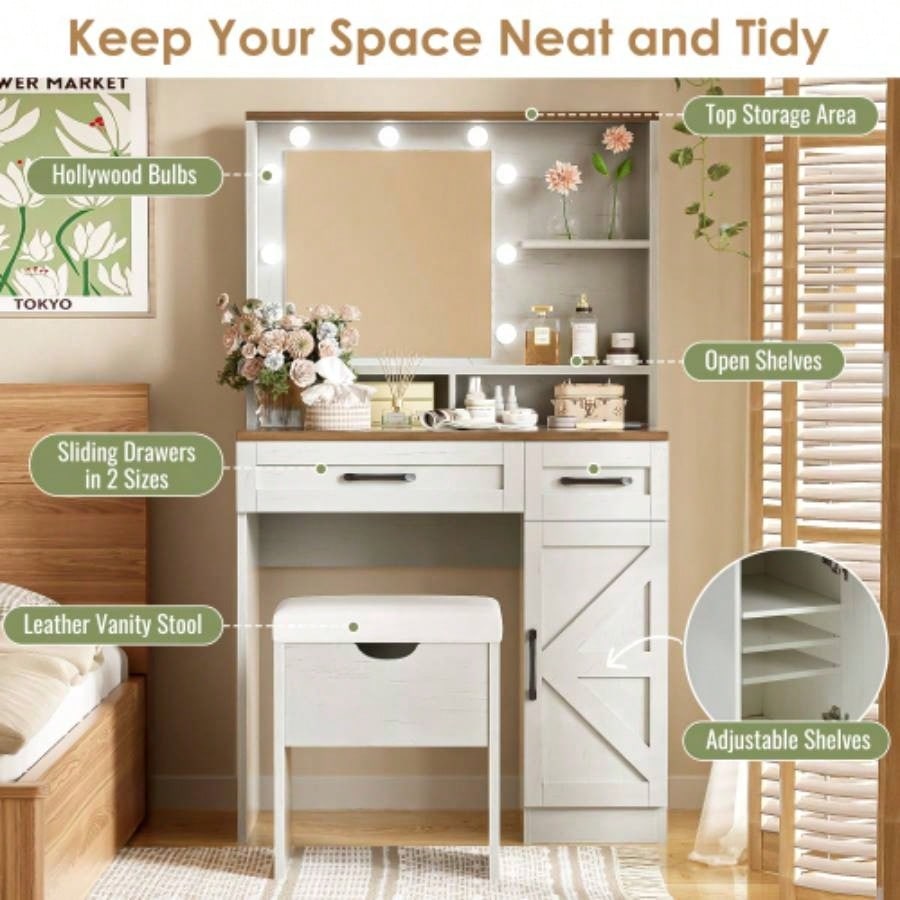 Farmhouse Makeup Vanity Desk with Mirror and Lights, 3 Lighting Modes, Vanity Set with Stool, Dressing Table with Adjustable Shelves, 2 Drawers and Side Cabinet Bedroom, White