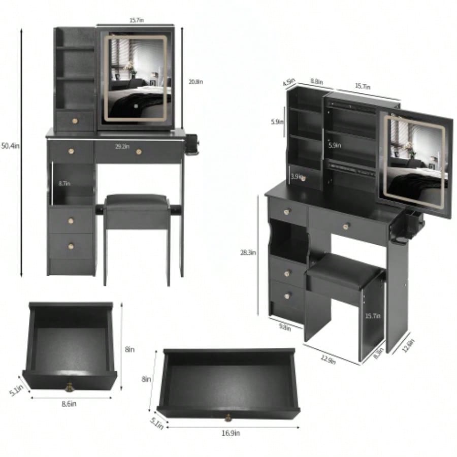 29.2 Small Size Left Drawer Desktop Vanity Table+ Cushioned Stool, 2 AC+2 USB Power Station, Hair dryer bracket, Large Control Sliding LED Mirror, Tri - color Switching, Brightness Adjust