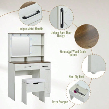 Farmhouse Makeup Vanity Desk with Mirror and Lights, 3 Lighting Modes, Vanity Set with Stool, Dressing Table with Adjustable Shelves, 2 Drawers and Side Cabinet Bedroom, White