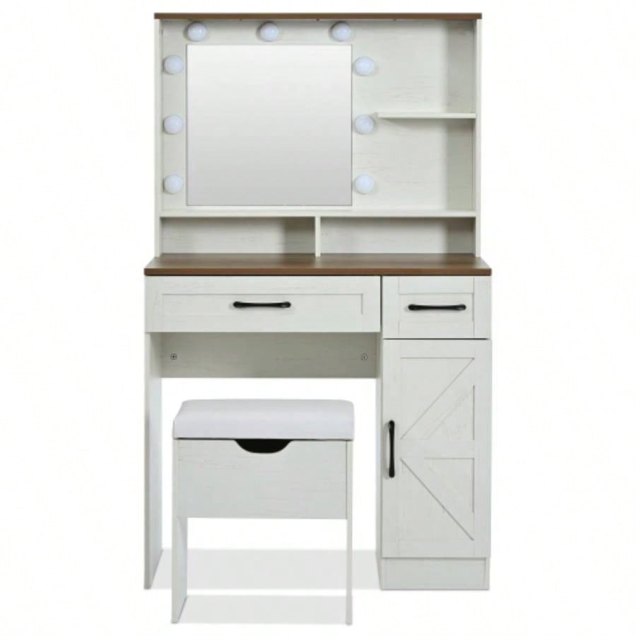 Farmhouse Makeup Vanity Desk with Mirror and Lights, 3 Lighting Modes, Vanity Set with Stool, Dressing Table with Adjustable Shelves, 2 Drawers and Side Cabinet Bedroom, White