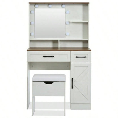 Farmhouse Makeup Vanity Desk with Mirror and Lights, 3 Lighting Modes, Vanity Set with Stool, Dressing Table with Adjustable Shelves, 2 Drawers and Side Cabinet Bedroom, White
