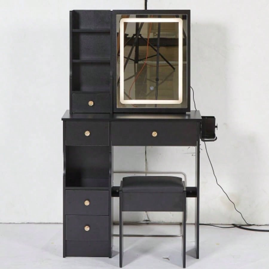 29.2 Small Size Left Drawer Desktop Vanity Table+ Cushioned Stool, 2 AC+2 USB Power Station, Hair dryer bracket, Large Control Sliding LED Mirror, Tri - color Switching, Brightness Adjust